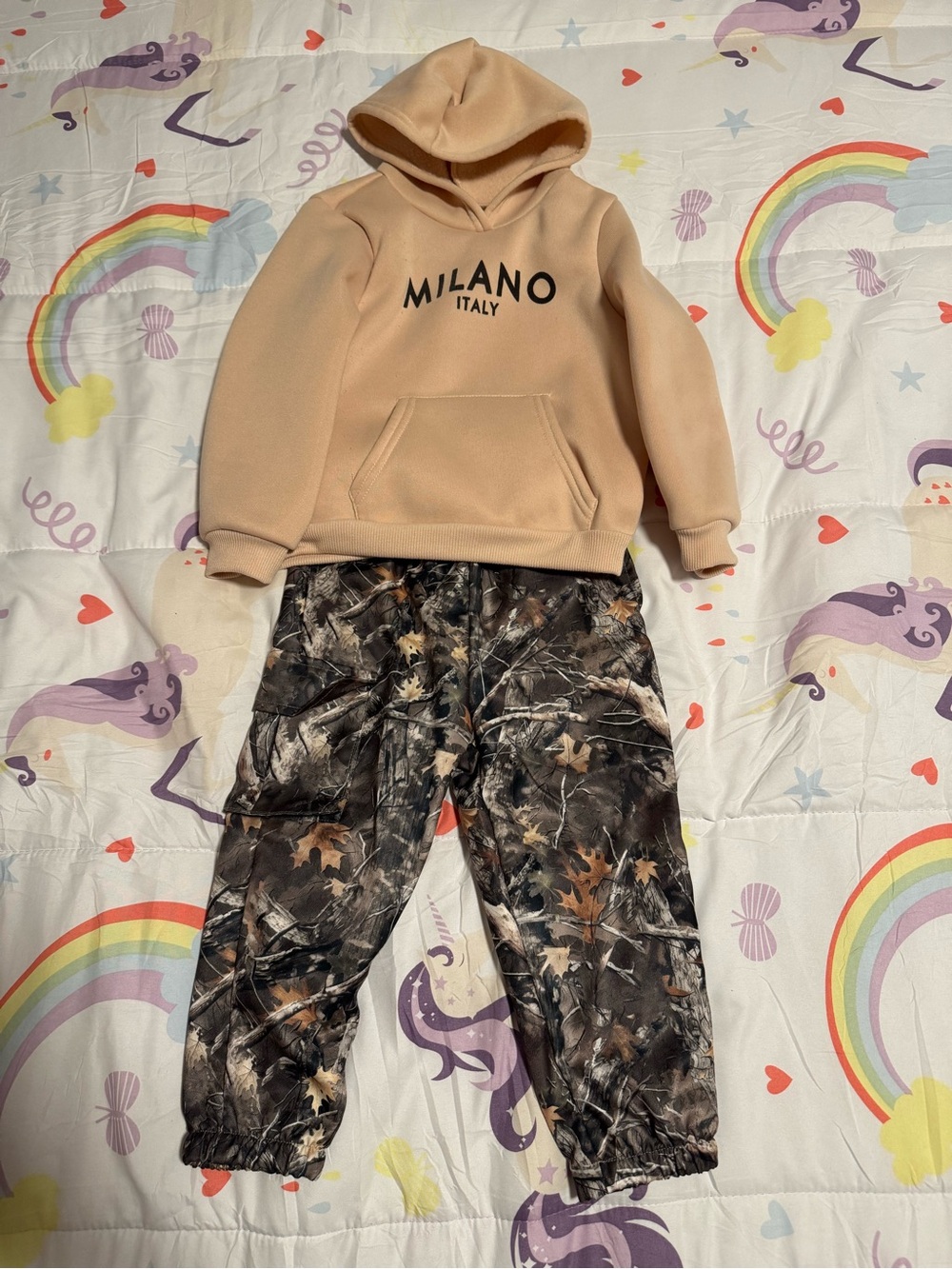 Milano Kids Beige Hoodie with Black Logo & Brown Camo Joggers